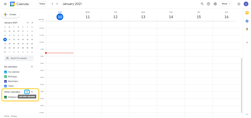Screenshot of a google calendar with the "Other calendars"'s + sign highlighted