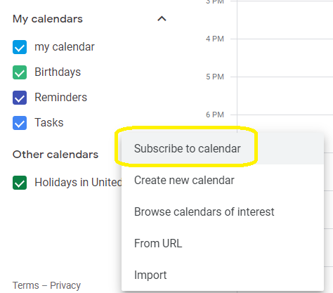 Screenshot of the add calendar menu with "Subscribe to calendar" highlighted
