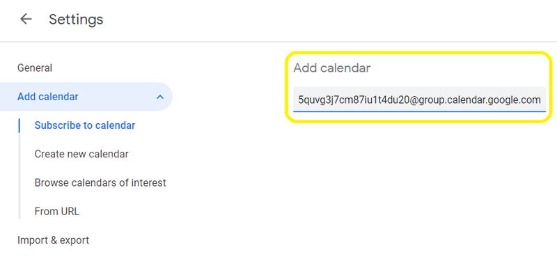 Screenshot of the "add to calendar" page with the "add calendar" input box highlighted
